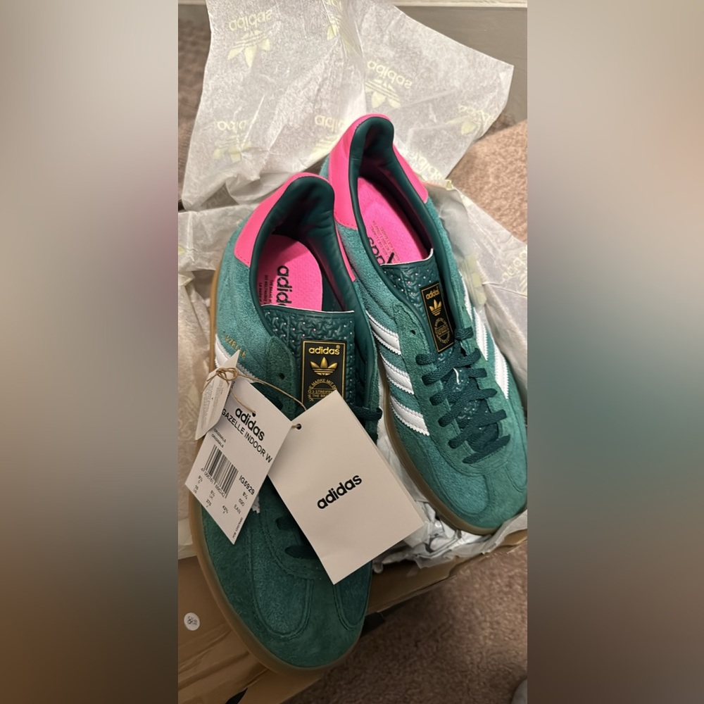 Brand new size 10 women’s Adidas gazelle collegiate green with pink!